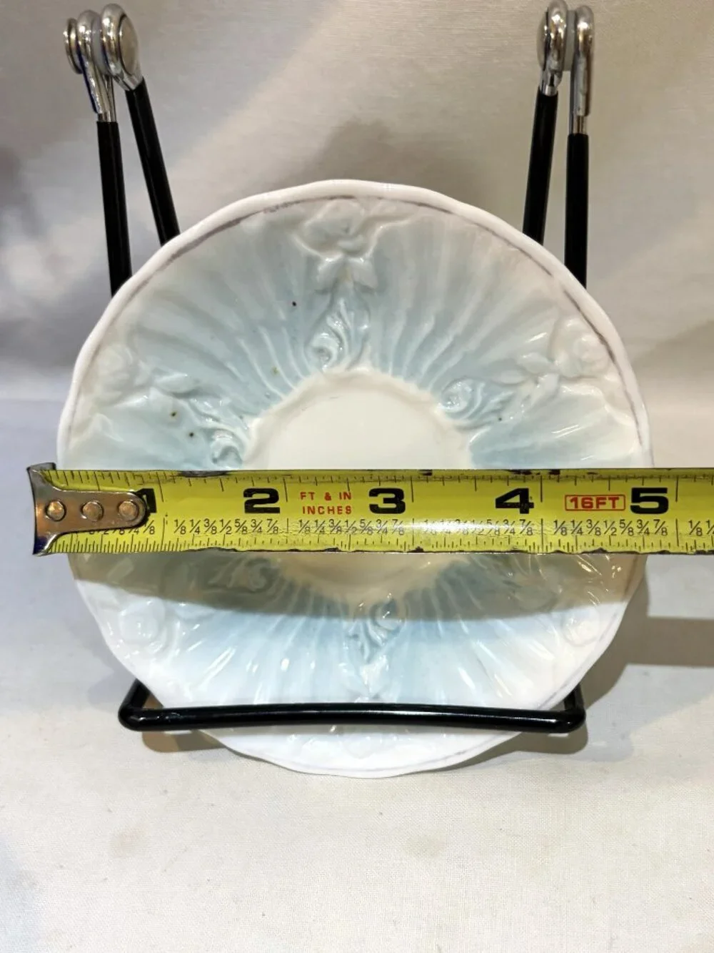 Antique Porcelain Teacup and Saucer Set Embossed Floral Aqua Blue Mint Green